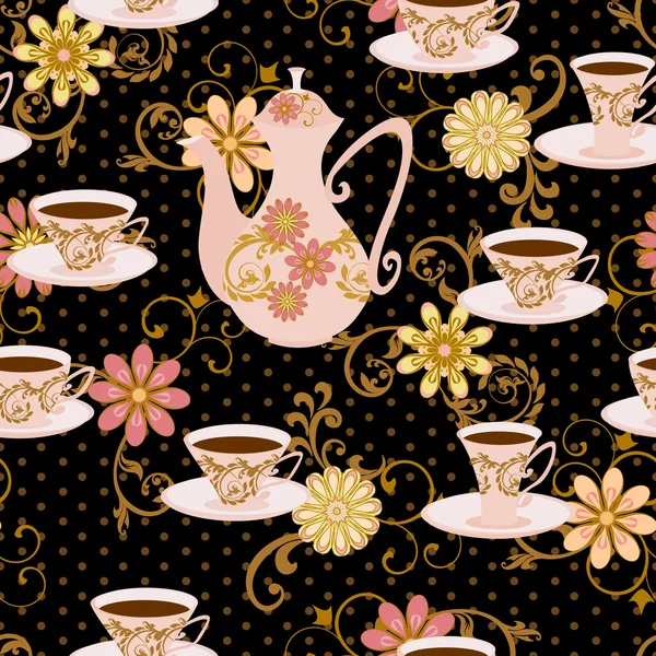 Patrón sin costuras con tetera, tazas de té y flores . — Vector de stock