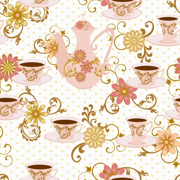 Patrón sin costuras con tetera, tazas de té y flores . — Vector de stock