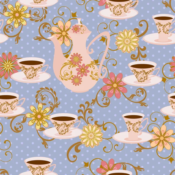 Nahtloses Muster mit Teekanne, Teetassen und Blumen. — Stockvektor