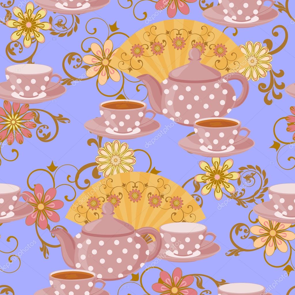 La teiera a pois e Coppa con un drink — Vettoriale Stock