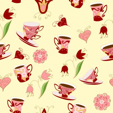 Bir içecek (çay, kahve), çiçek ve kalpleri Kupası.