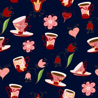 Bir içecek (çay, kahve), çiçek ve kalpleri Kupası.