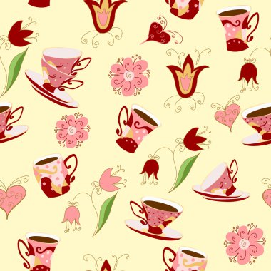 Bir içecek (çay, kahve), çiçek ve kalpleri Kupası.