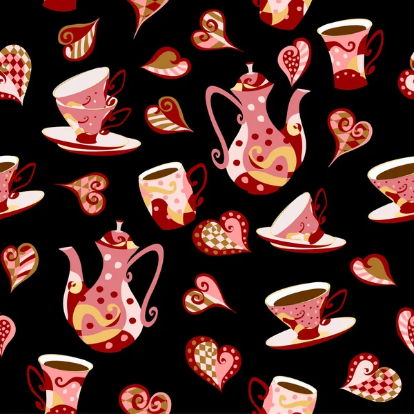 La cafetière, des tasses avec un café et des cœurs . — Image vectorielle