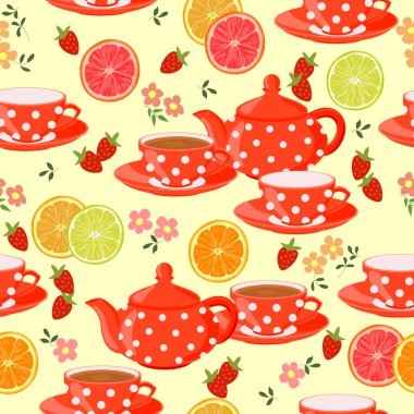 Bardak çay, meyve, meyveler ve çiçekler.