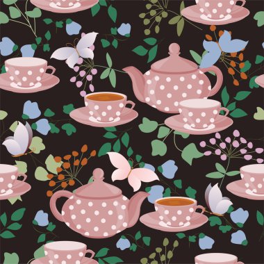 Çaydanlıklar, bardak çay, çiçekler ve kelebekler.