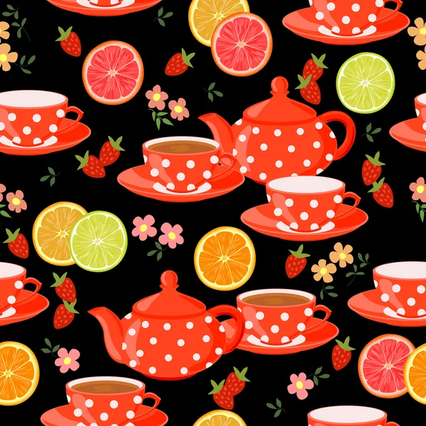 Cups of tea, fruits, berries and flowers. — Stock Vector