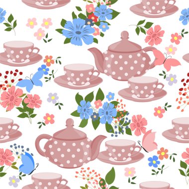 Çaydanlıklar, bardak çay, çiçekler ve kelebekler.