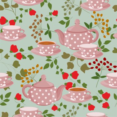 Çaydanlıklar, bardak çay, yeşil dallar ve çiçekler.