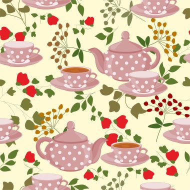 Çaydanlıklar, bardak çay, yeşil dallar ve çiçekler.