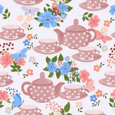 Çaydanlıklar, bardak çay, çiçekler ve kelebekler.