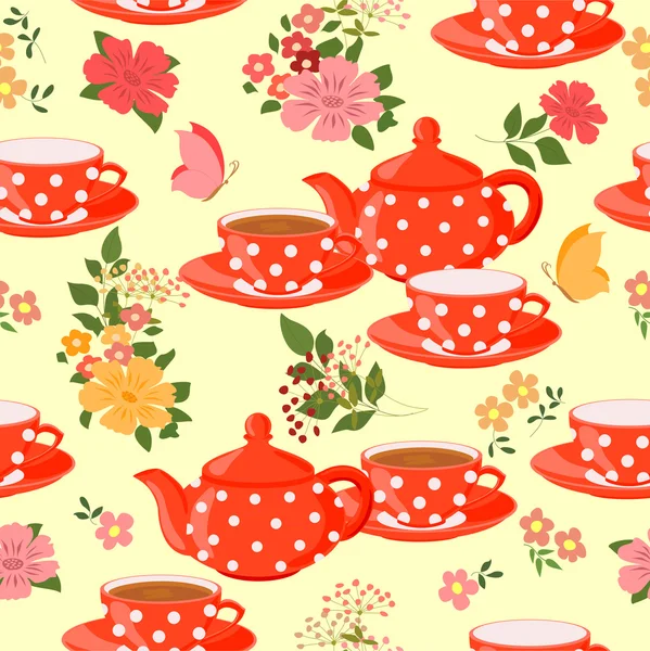 Teteras, tazas de té, flores y mariposas . — Vector de stock