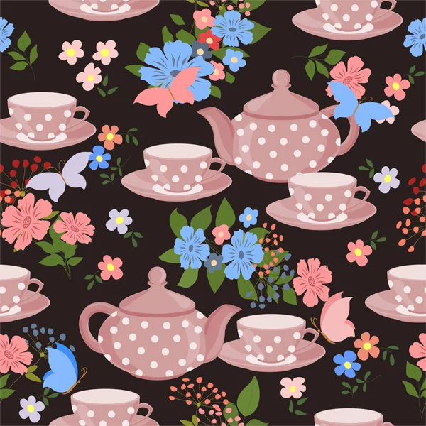 Teteras, tazas de té, flores y mariposas . — Vector de stock