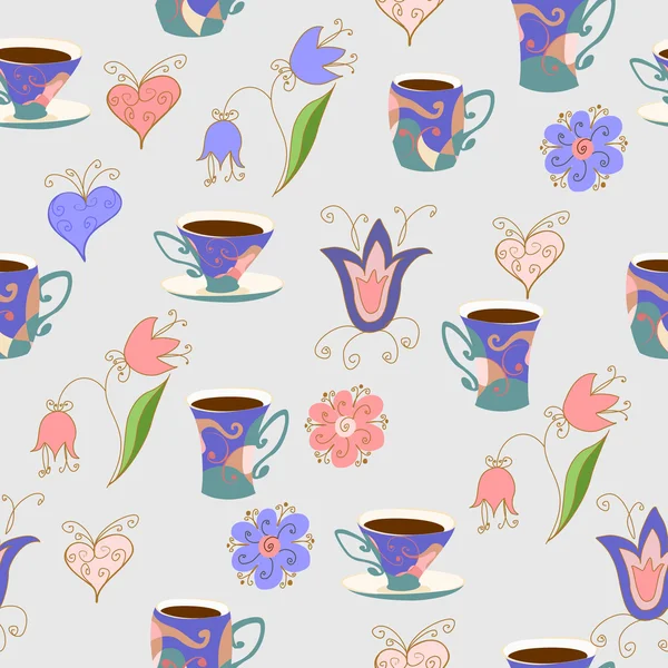 Tasse mit einem Getränk (Tee, Kaffee), Blumen und Herzen. — Stockvektor