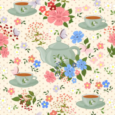 Çaydanlıklar, bardak ve kelebekler ile Seamless Modeli.