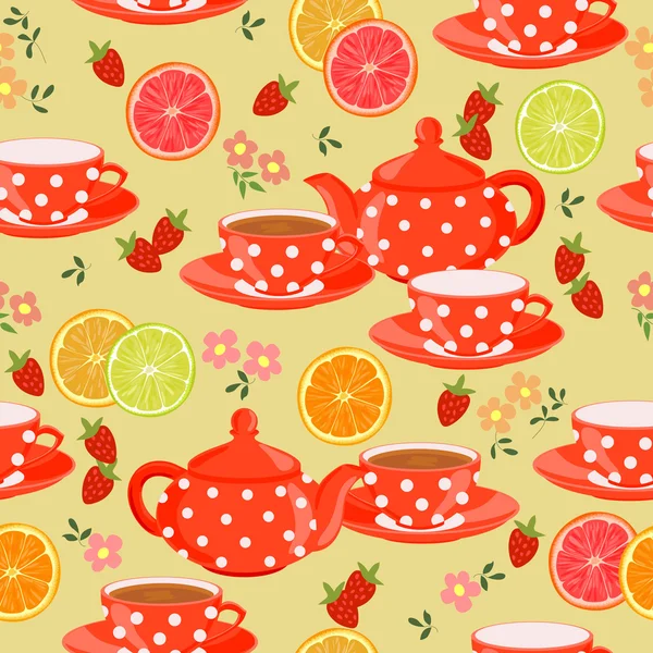 Tazas de té, frutas, bayas y flores . — Vector de stock