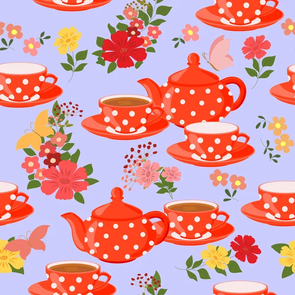 Nahtloses Muster mit Teekannen, Tassen und Schmetterlingen. — Stockvektor