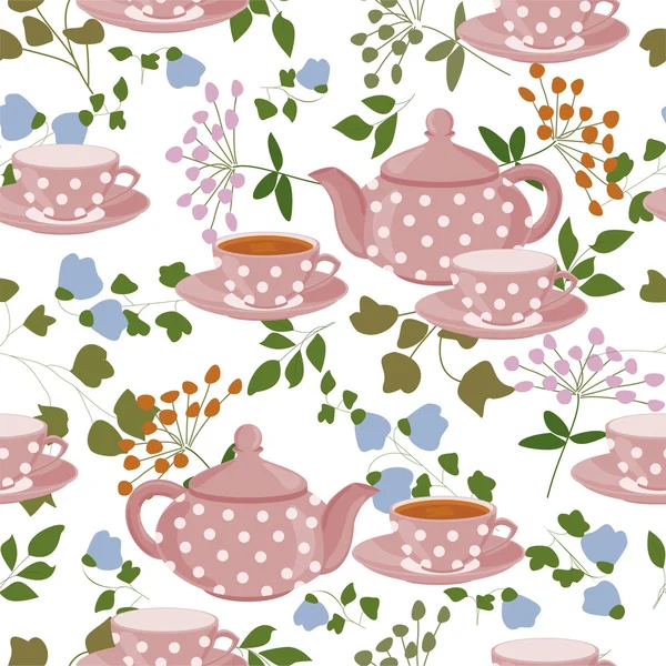Nahtloses Muster mit Teekannen, Tassen und Feldpflanzen. — Stockvektor
