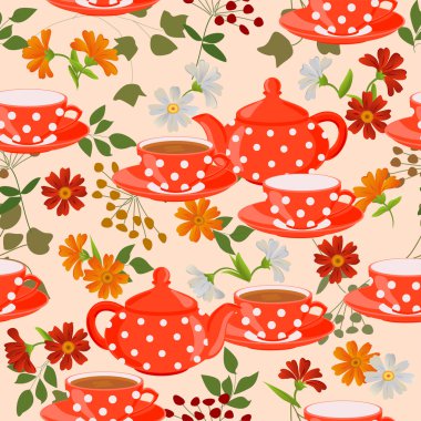 Çaydanlıklar, bardak ve şifalı bitkiler ile Seamless Modeli.