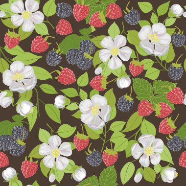 Çilek ve beyaz çiçekleri ile yinelenen desen vektör.