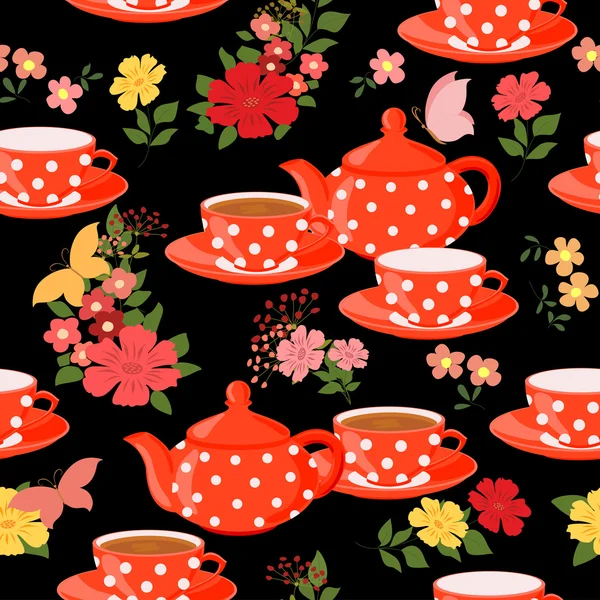 Τσαγιέρες, κούπες τσάι, λουλούδια και πεταλούδες. — Διανυσματικό Αρχείο