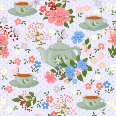 Çaydanlıklar, bardak çay, çiçekler ve kelebekler.