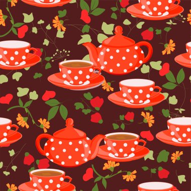 Çaydanlıklar, bardak çay, çiçekler ve kalpler.