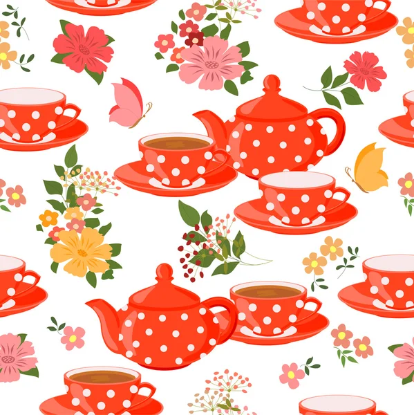 ティーポット、カップの紅茶、花と蝶. — ストックベクタ