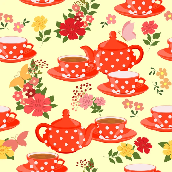 Teteras, tazas de té, flores y mariposas . — Vector de stock