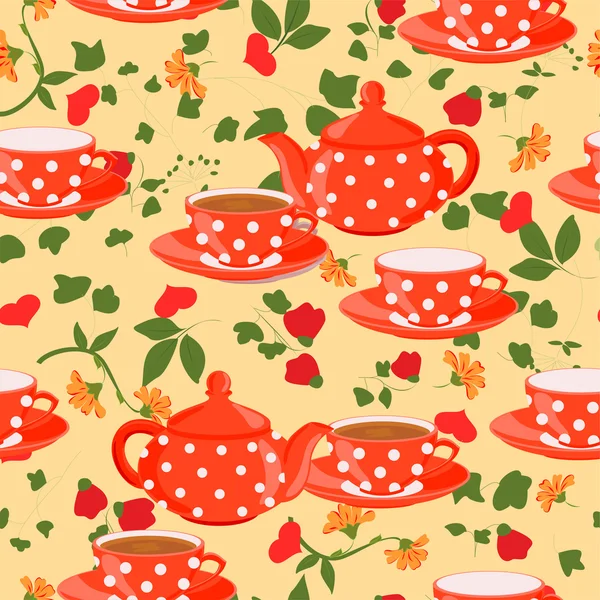 ティーポット、紅茶、花、ハートのカップ. — ストックベクタ