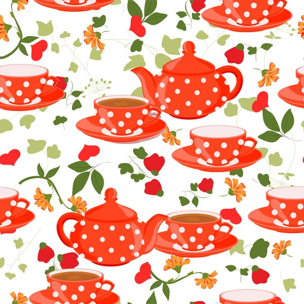 Teapots, cups of tea, flowers and hearts. — Stock Vector