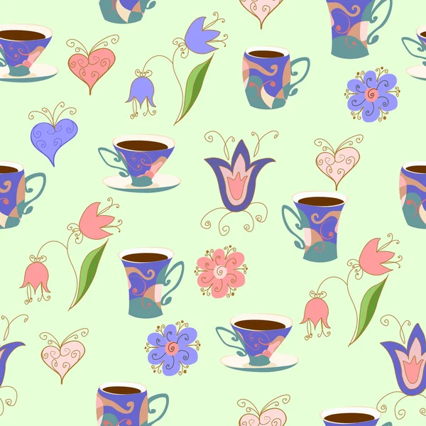 Taza con una bebida (té, café), flores y corazones . — Vector de stock