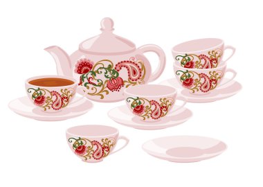 Çaydanlık ve bardak bir oryantal çiçek deseni.