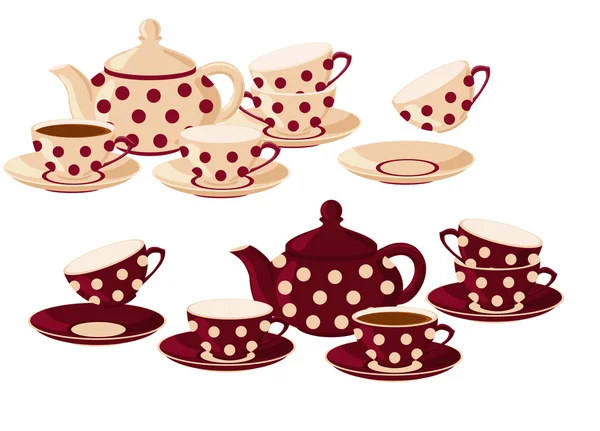 Teekannen und Tassen mit Tupfen. — Stockvektor