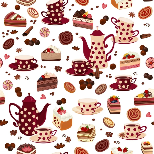 コーヒー ポット、カップ、お菓子とのシームレスなパターン. — ストックベクタ