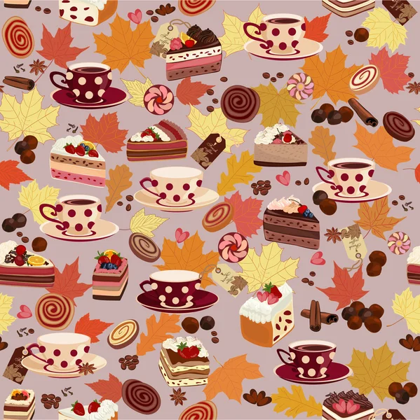 Nahtloses Muster mit Tassen, Süßigkeiten und Herbstblättern. — Stockvektor