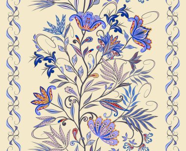 Bir buket harika çiçek. Geleneksel etnik kökenli. Dekoratif çiçekli, yapraklı ve doğu tarzında desenli soyut vintage desen.