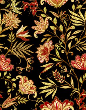 Bir buket harika çiçek. Geleneksel etnik kökenli. Dekoratif çiçekli, yapraklı ve doğu tarzında desenli soyut vintage desen.