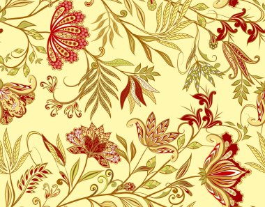 Bir buket harika çiçek. Geleneksel etnik kökenli. Dekoratif çiçekli, yapraklı ve doğu tarzında desenli soyut vintage desen.