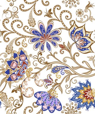 Bir buket harika çiçek. Geleneksel etnik kökenli. Dekoratif çiçekli, yapraklı ve doğu tarzında desenli soyut vintage desen.