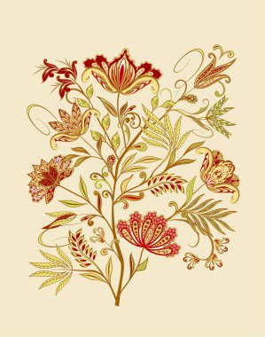 Bir buket harika çiçek. Geleneksel etnik kökenli. Dekoratif çiçekli, yapraklı ve doğu tarzında desenli soyut vintage desen.