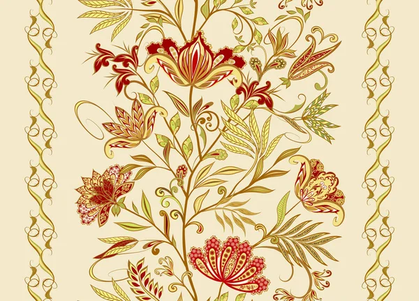 一束奇异的花 民族传统风格的背景 带有装饰花 叶子和东方风格佩斯利图案的复古图案 — 图库矢量图片