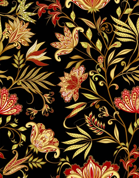 Bir buket harika çiçek. Geleneksel etnik kökenli. Dekoratif çiçekli, yapraklı ve doğu tarzında desenli soyut vintage desen.