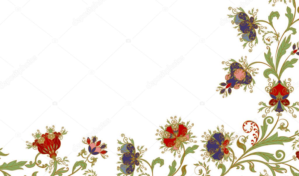 Bouquet of fantastic flowers. Background in ethnic traditional style. Abstract vintage pattern with decorative flowers, leaves and Paisley pattern in Oriental style.