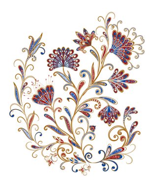 Geleneksel etnik kökenli. Dekoratif çiçekli, yapraklı ve doğu tarzında desenli soyut vintage desen.