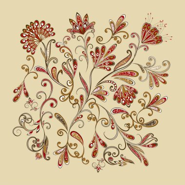 Geleneksel etnik kökenli. Dekoratif çiçekli, yapraklı ve doğu tarzında desenli soyut vintage desen.