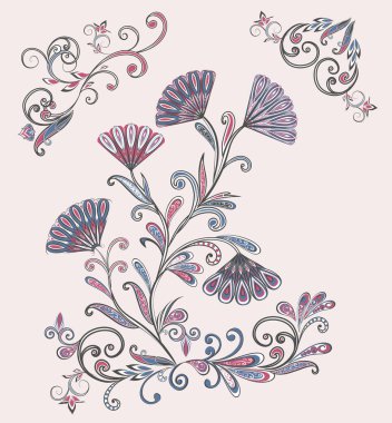 Geleneksel etnik kökenli. Dekoratif çiçekli, yapraklı ve doğu tarzında desenli soyut vintage desen.