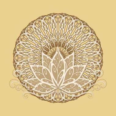 Lotus ve mandala. Modelleştirilmiş nilüfer çiçeğinin mandala tarzında vektör görüntüsü.