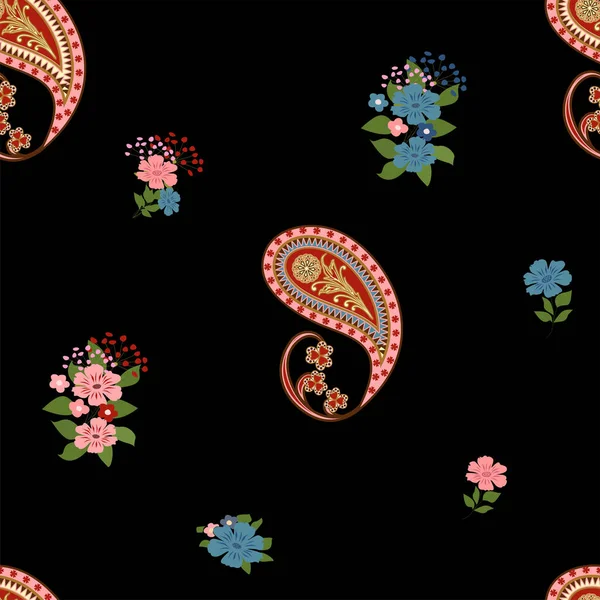 民族传统风格的无缝图案 带有装饰花 叶子和东方风格佩斯利图案的复古图案 — 图库矢量图片