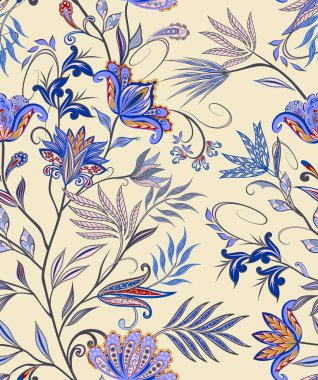 Geleneksel etnik tarzda kusursuz bir düzen. Dekoratif çiçekli, yapraklı ve doğu tarzında desenli soyut vintage desen.